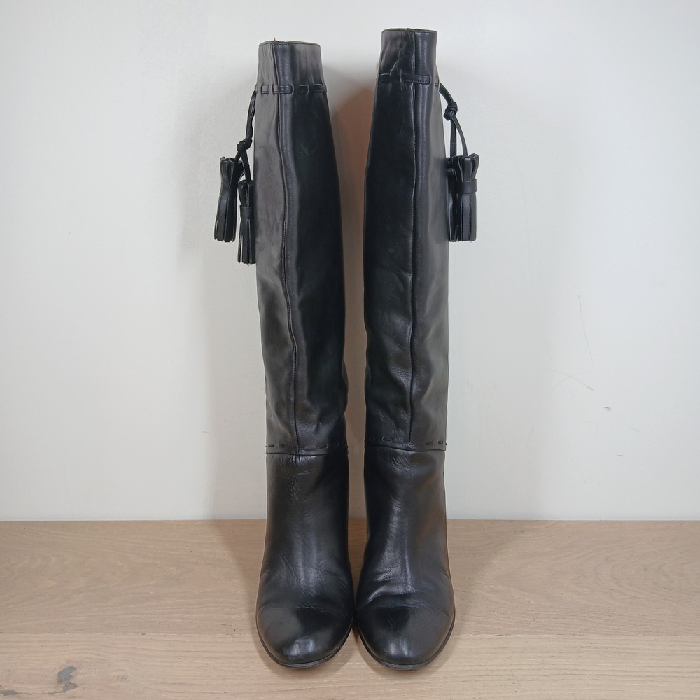 Saks Fifth Avenue Boots Womens 6.5B Black Leather Tassel High Heel Quiet Luxury - Picture 6 of 12